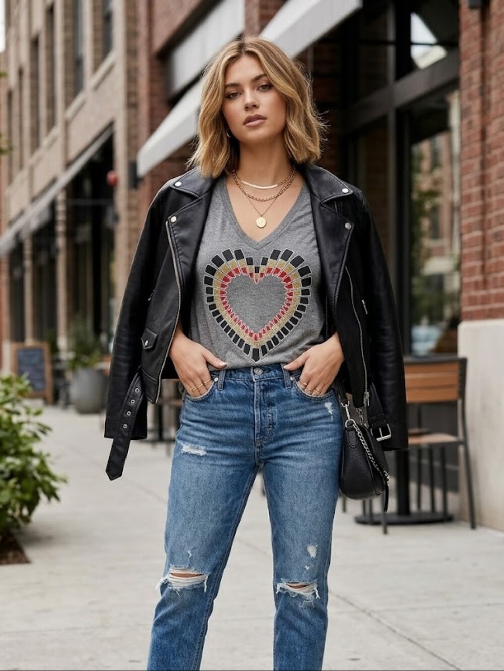 Lauren Moshi Lipstick Heart V Neck Tee Size S